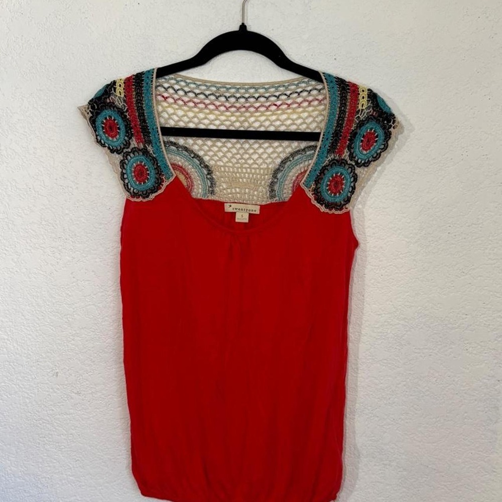 Twentyone Red Crochet Medallion Top Size S Boho Y2K Open Knit Drawstring